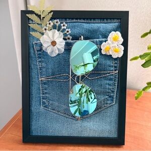 Floral Denim Sunglasses Holder/Decor with Black Frame